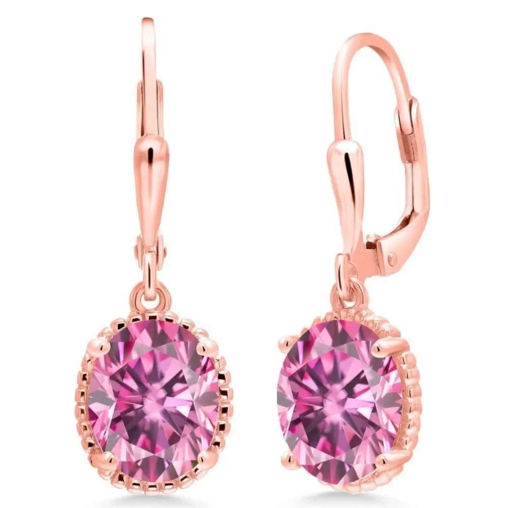 18K Rose Gold 925 with 4.00 Cttw Pink Moissanite Oval Leverback Hook Earrings